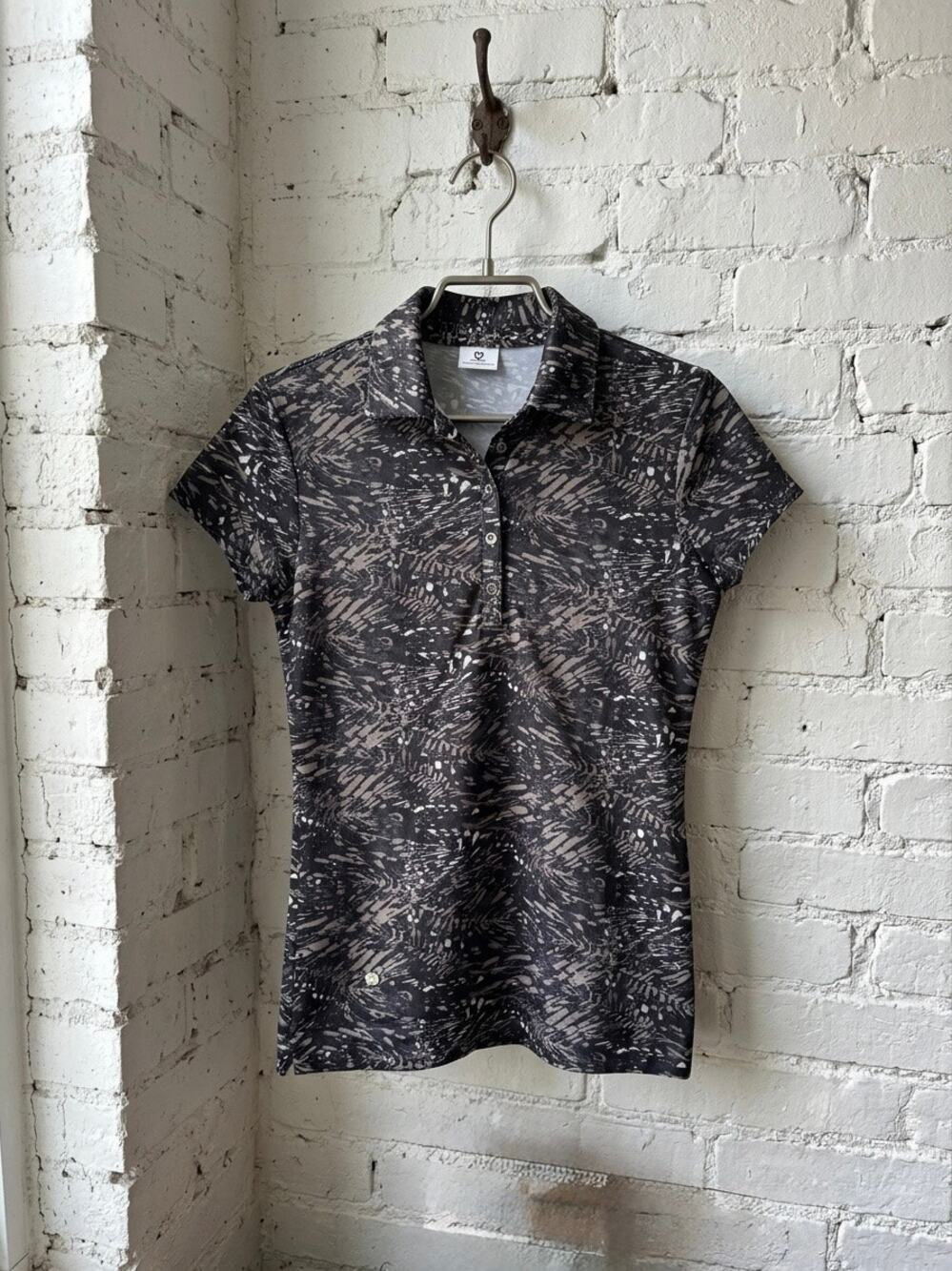 Daily Sports Black Taupe Palm Leaf Abstract Mesh Short Sleeve Golf Polo Shirt S